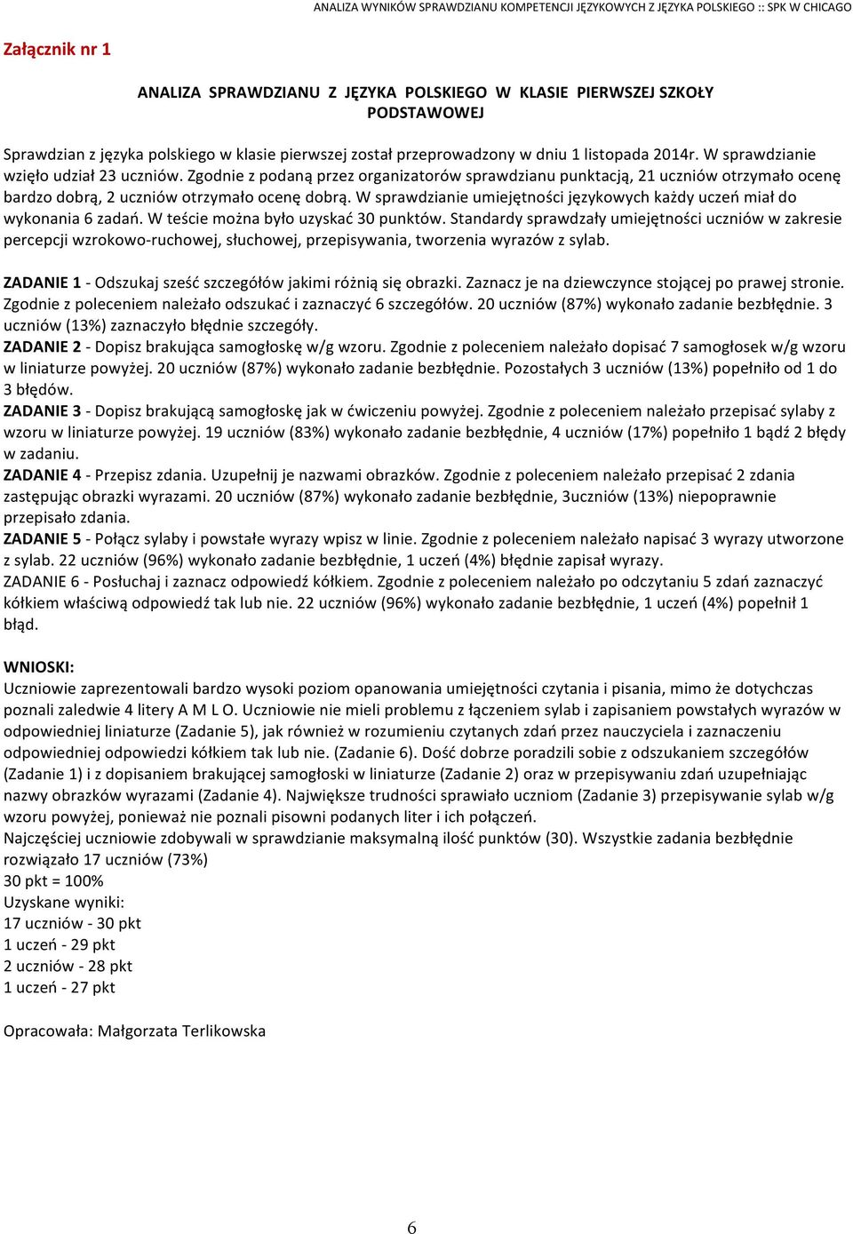 W sprawdzianie umiejętności językowych każdy uczeń miał do wykonania 6 zadań. W teście można było uzyskać 30 punktów.