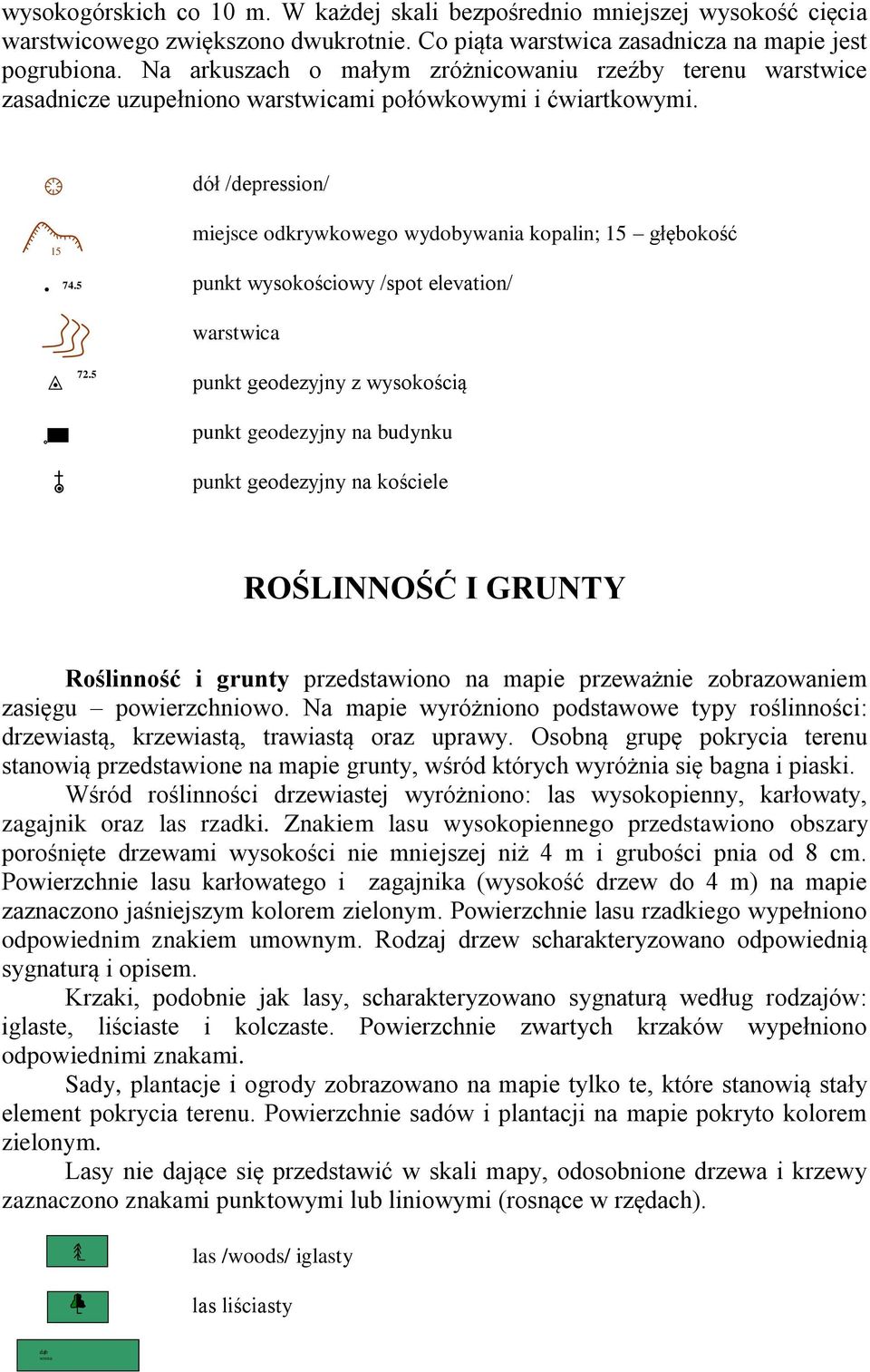 5 miejsce odkrywkowego wydobywania kopalin; 15 głębokość punkt wysokościowy /spot elevation/ warstwica 72.