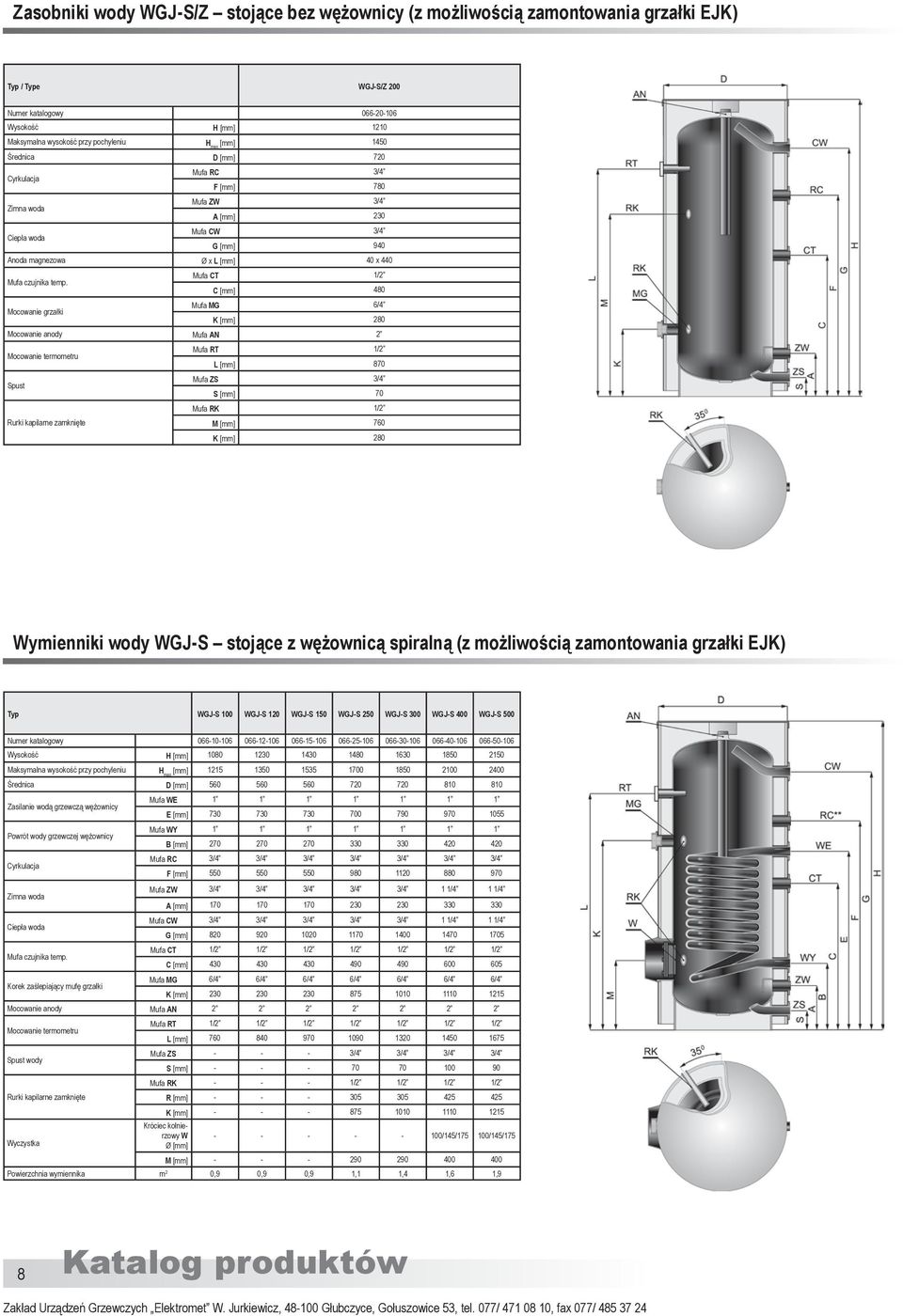 C [mm] 480 Mufa MG 6/4 Mocowanie grzałki K [mm] 280 Mocowanie anody Mufa AN 2 Mufa RT 1/2 Mocowanie termometru L [mm] 870 Mufa ZS 3/4 Spust S [mm] 70 Mufa RK 1/2 Rurki kapilarne zamknięte M [mm] 760