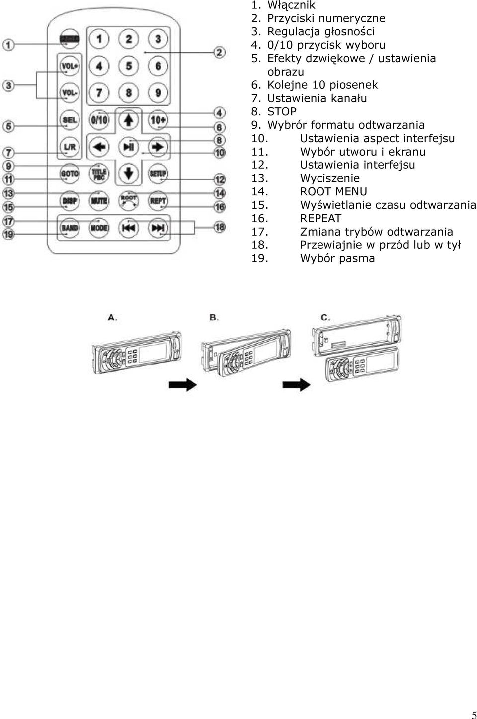 Wybrór formatu odtwarzania 10. Ustawienia aspect interfejsu 11. Wybór utworu i ekranu 12.