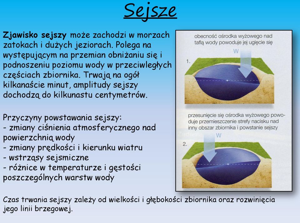 Trwają na ogół kilkanaście minut, amplitudy sejszy dochodzą do kilkunastu centymetrów.