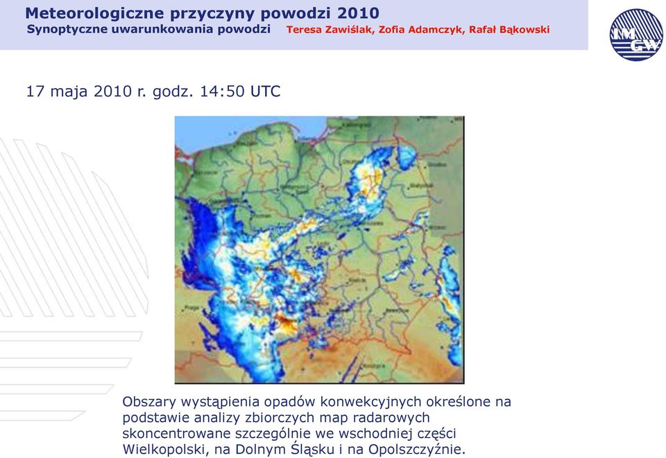14:50 UTC Obszary wystąpienia opadów konwekcyjnych określone na podstawie analizy