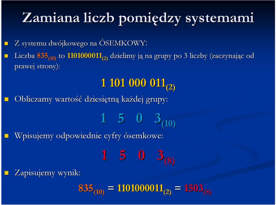 Obliczamy wartość dziesiętn tną ka 1 101 000 011 011 (2) każdej grupy: 1 5 0 3 (10)