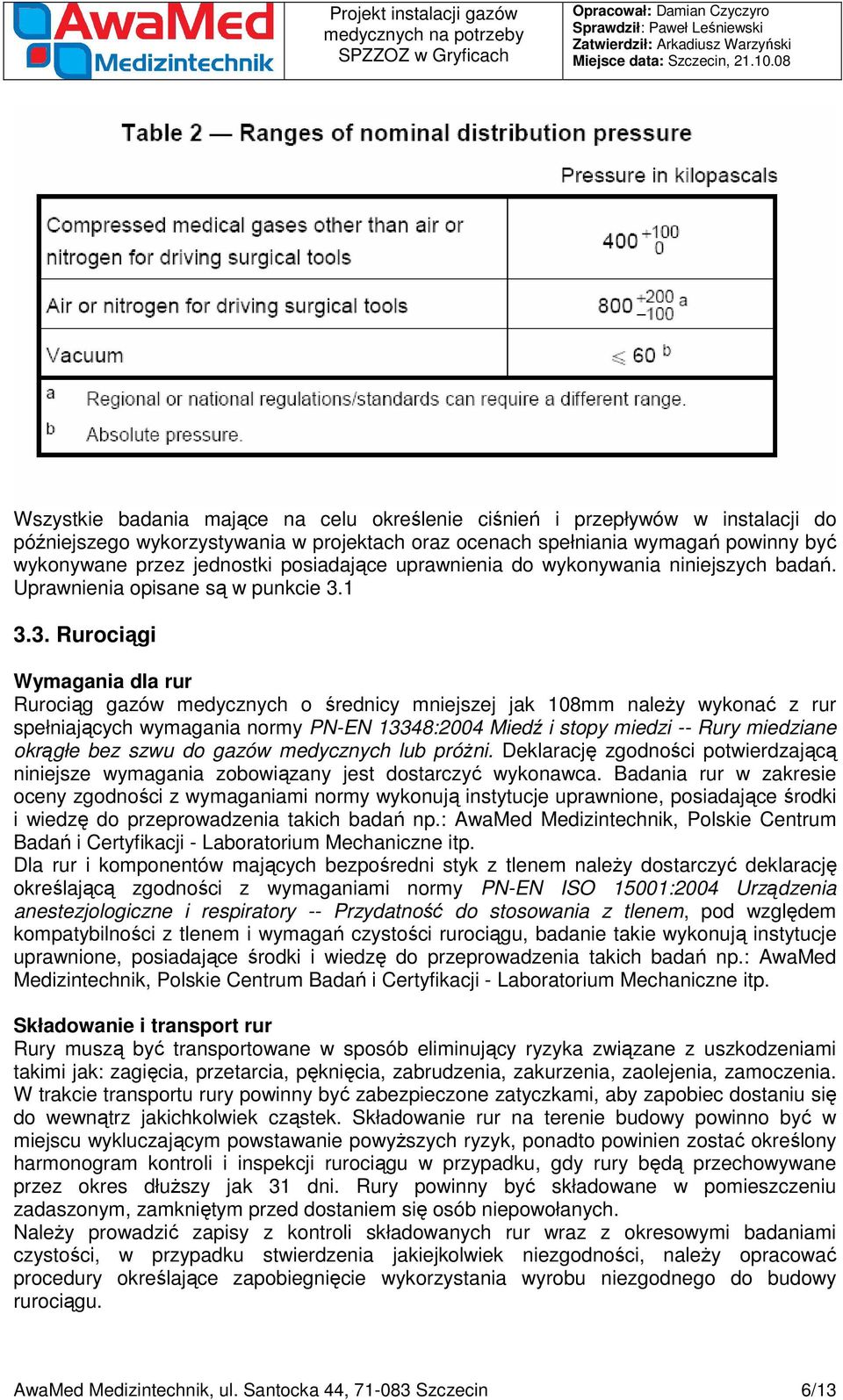 1 3.3. Rurociągi Wymagania dla rur Rurociąg gazów medycznych o średnicy mniejszej jak 108mm należy wykonać z rur spełniających wymagania normy PN-EN 13348:2004 Miedź i stopy miedzi -- Rury miedziane