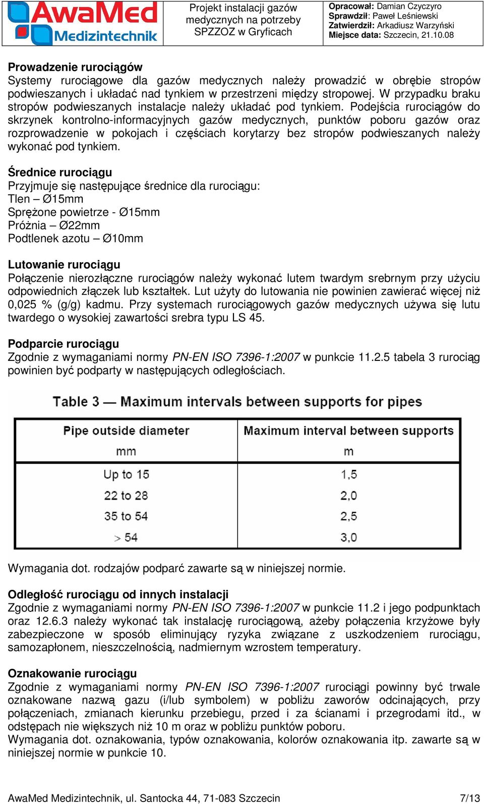 Podejścia rurociągów do skrzynek kontrolno-informacyjnych gazów medycznych, punktów poboru gazów oraz rozprowadzenie w pokojach i częściach korytarzy bez stropów podwieszanych należy wykonać pod