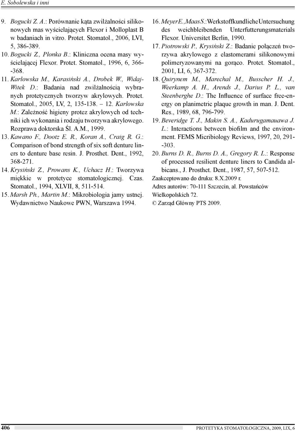: Badania nad zwilżalnością wybranych protetycznych tworzyw akrylowych. Protet. Stomatol., 2005, LV, 2, 135-138. 12. Karłowska M.