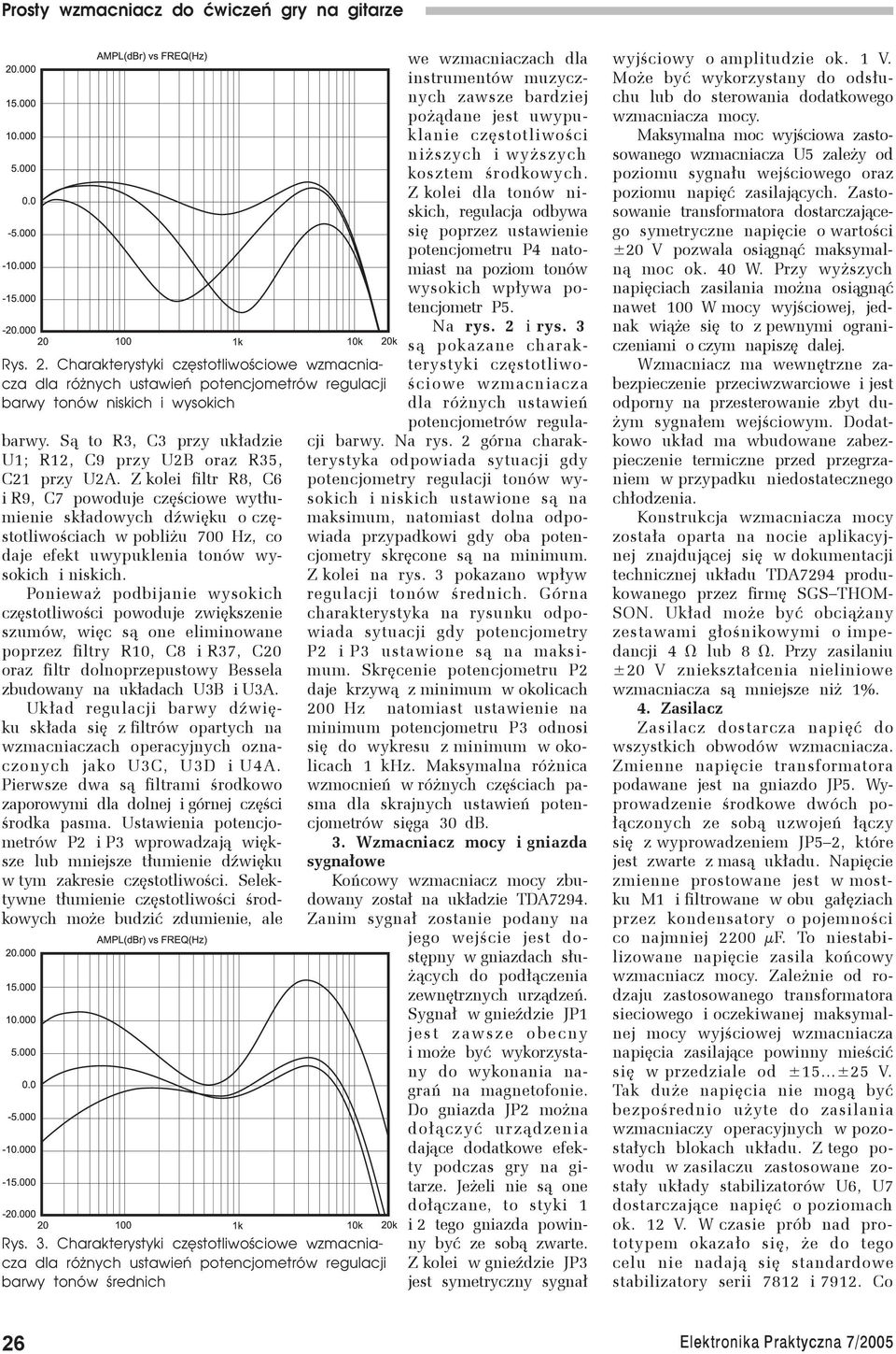 Z kolei filtr R8, C6 i R9, C7 powoduje częściowe wytłumienie składowych dźwięku o częstotliwościach w pobliżu 700 Hz, co daje efekt uwypuklenia tonów wysokich i niskich.