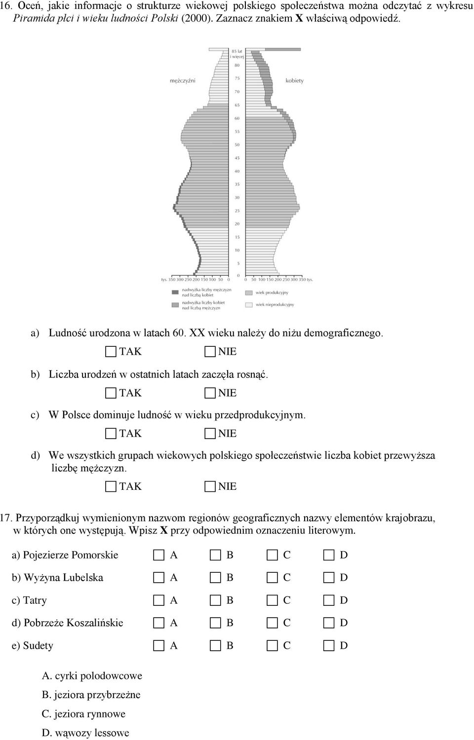 TAK NIE d) We wszystkich grupach wiekowych polskiego społeczeństwie liczba kobiet przewyższa liczbę mężczyzn. TAK NIE 17.
