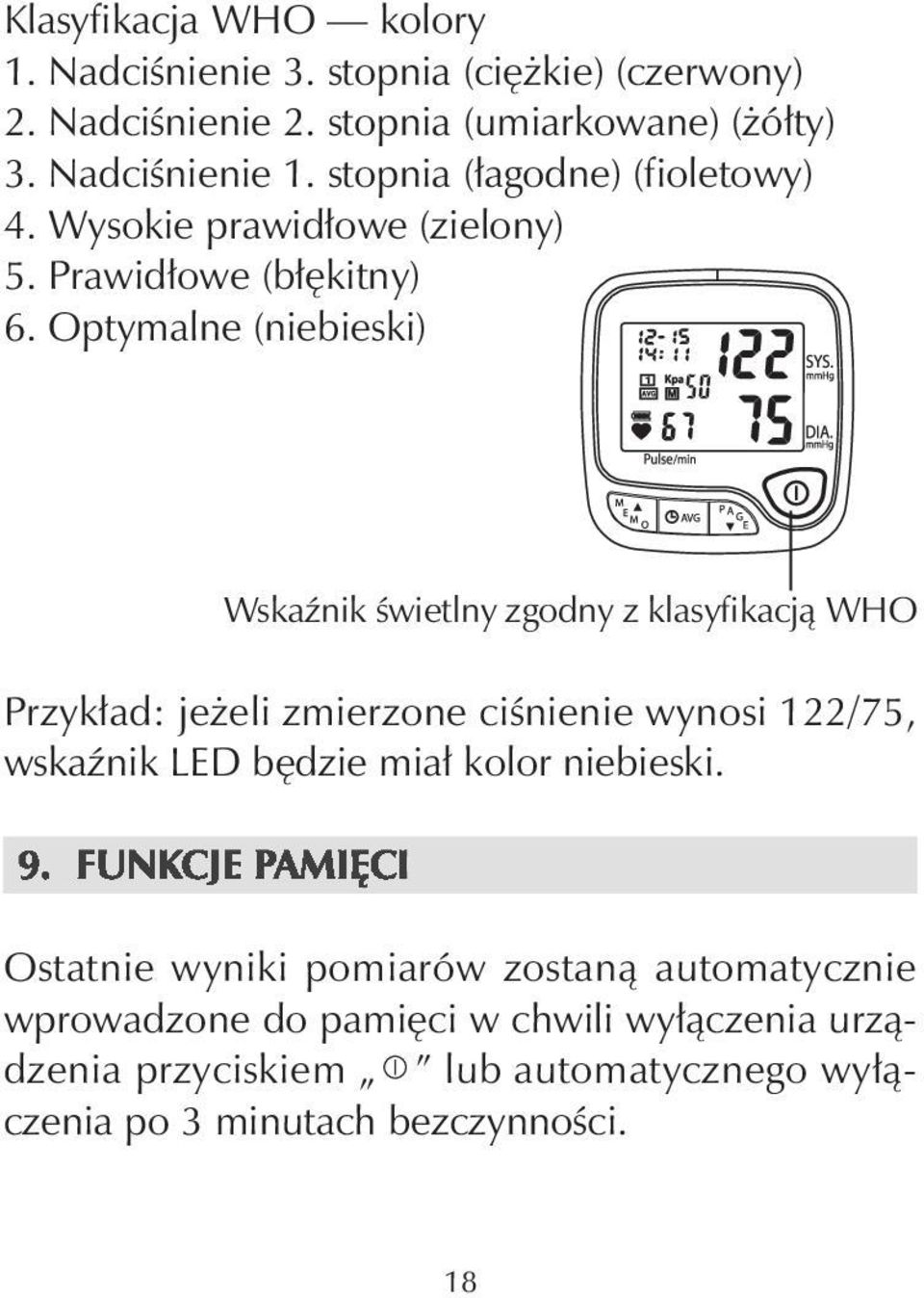 Optymalne (niebieski) Wskaźnik świetlny zgodny z klasyfikacją WHO Przykład: jeżeli zmierzone ciśnienie wynosi 122/75, wskaźnik LED będzie miał