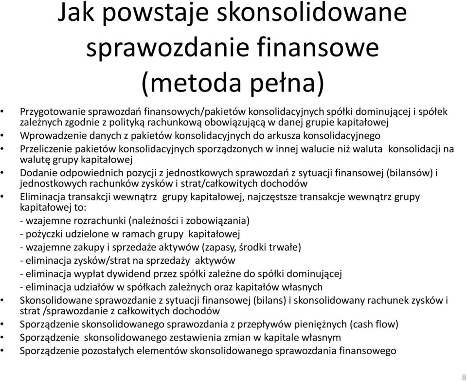 konsolidacji na walutę grupy kapitałowej Dodanie odpowiednich pozycji z jednostkowych sprawozdań z sytuacji finansowej (bilansów) i jednostkowych rachunków zysków i strat/całkowitych dochodów