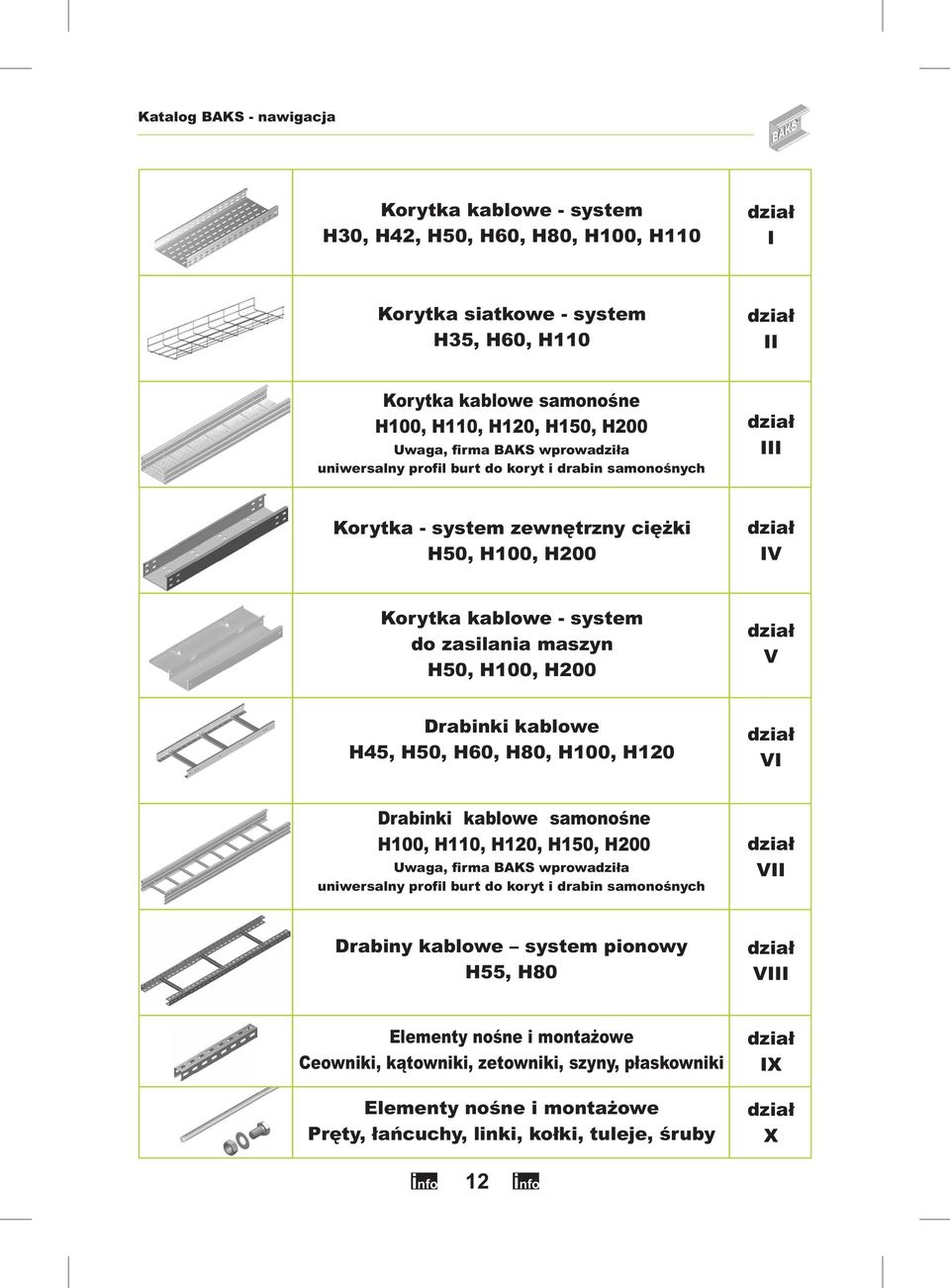 Drabinki kablowe H45, H50, H60, H80, H100, H120 VI V Drabinki kablowe samonośne H100, H110, H120, H150, H200 Uwaga, firma BAKS wprowadziła uniwersalny profil burt do koryt i drabin samonośnych VII