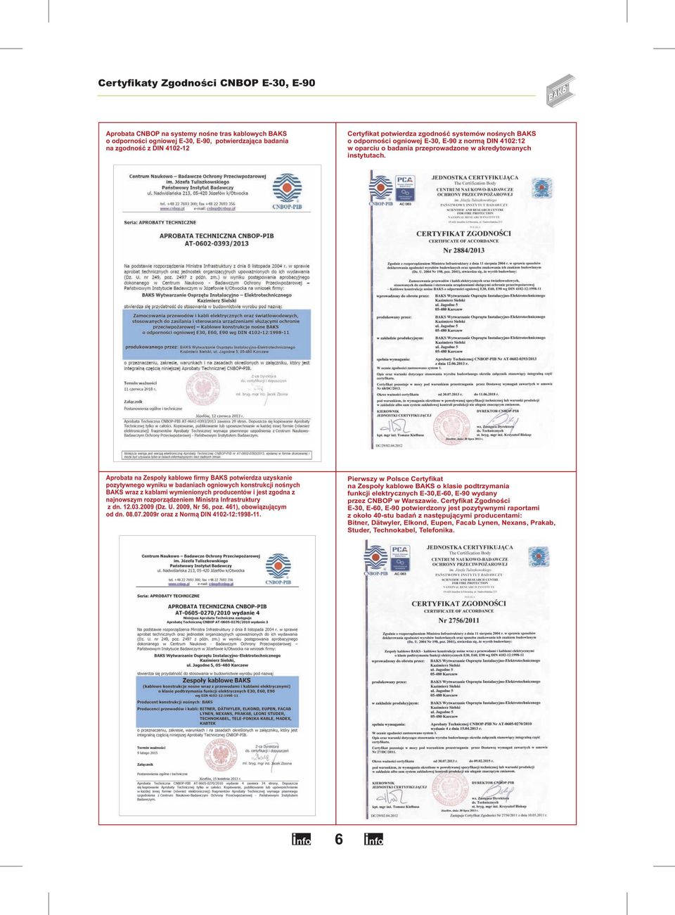 Aprobata na Zespoły kablowe firmy BAKS potwierdza uzyskanie pozytywnego wyniku w badaniach ogniowych konstrukcji nośnych BAKS wraz z kablami wymienionych producentów i jest zgodna z najnowszym