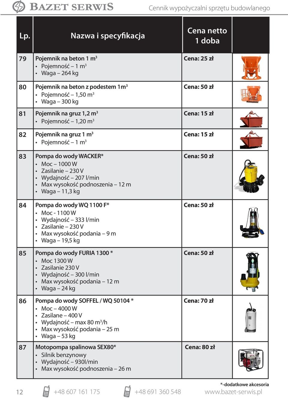 m Waga 19,5 kg 85 Pompa do wody FURIA 1300 * Moc 1300 W Zasilanie 230 V Wydajność 300 l/min Max wysokość podania 12 m Waga 24 kg 86 Pompa do wody SOFFEL / WQ 50104 * Moc 4000 W Zasilane 400 V