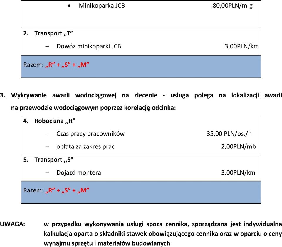 Robocizna,,R" Czas pracy pracowników 35,00 PLN/os./h opłata za zakres prac 2,00PLN/mb 5.