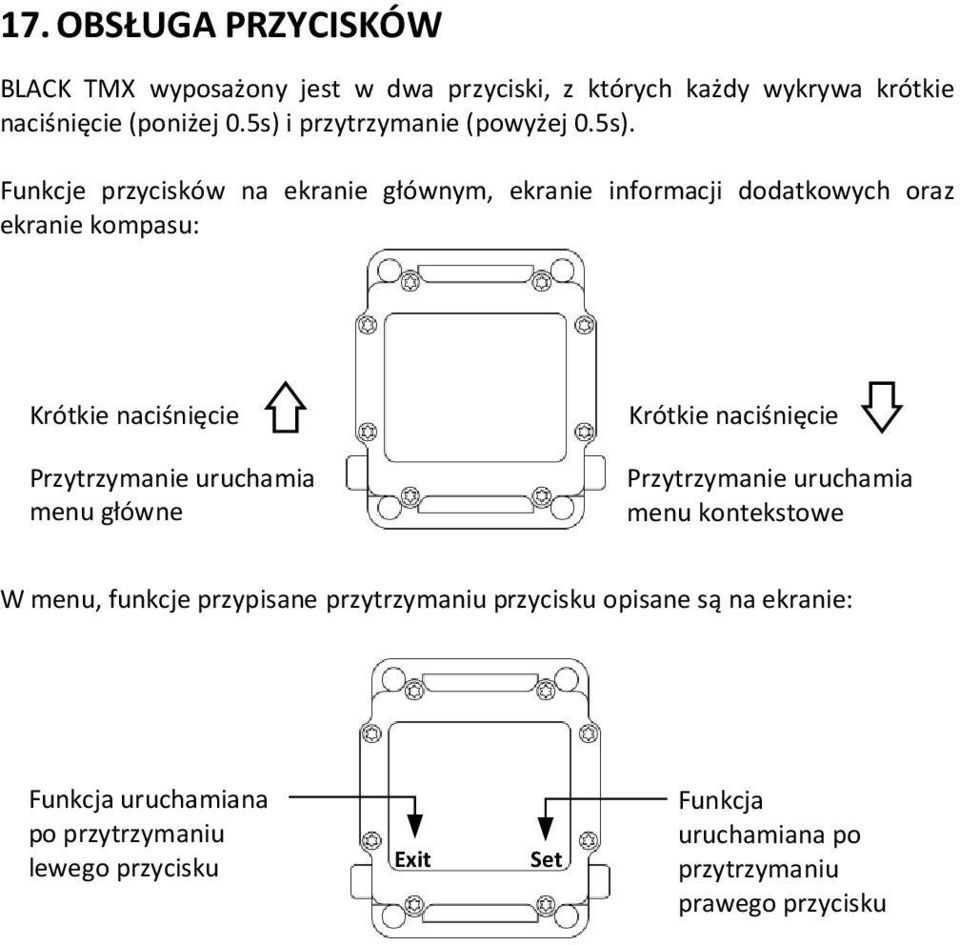 naciśnięcie Krótkie naciśnięcie Przytrzymanie uruchamia menu główne Przytrzymanie uruchamia menu kontekstowe ekranu W menu, funkcje