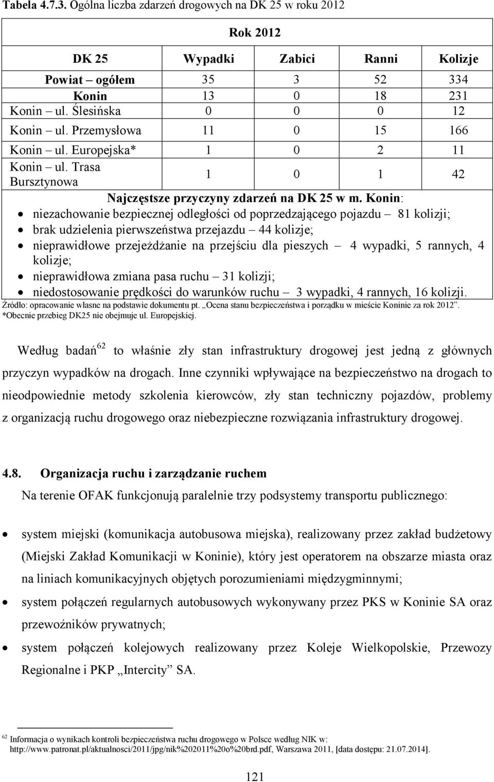 Konin: niezachowanie bezpiecznej odległości od poprzedzającego pojazdu 81 kolizji; brak udzielenia pierwszeństwa przejazdu 44 kolizje; nieprawidłowe przejeżdżanie na przejściu dla pieszych 4 wypadki,