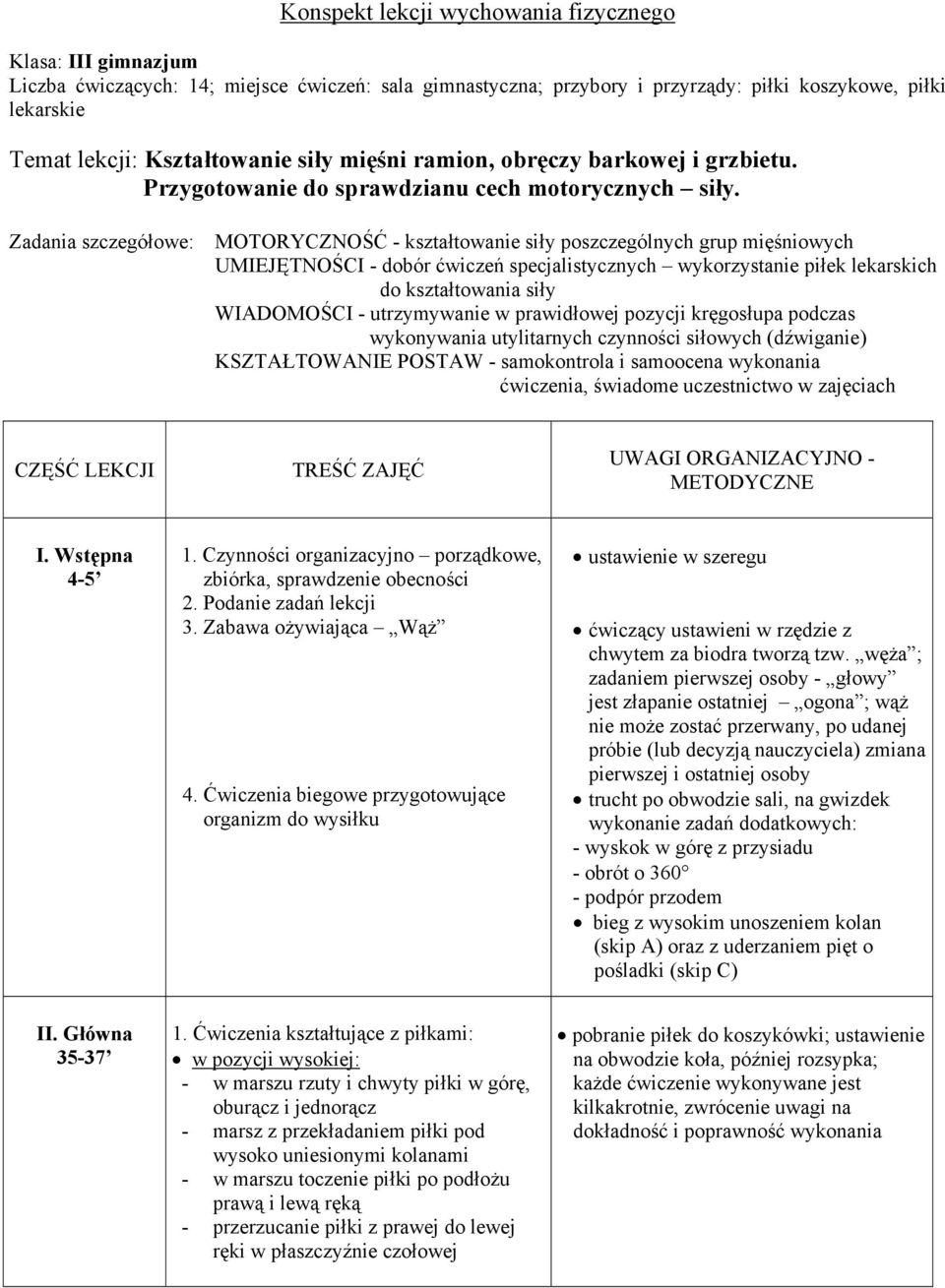 Zadania szczegółowe: MOTORYCZNOŚĆ - kształtowanie siły poszczególnych grup mięśniowych UMIEJĘTNOŚCI - dobór ćwiczeń specjalistycznych wykorzystanie piłek lekarskich do kształtowania siły WIADOMOŚCI -