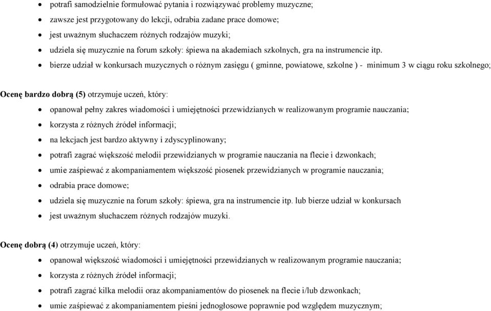 bierze udział w konkursach muzycznych o różnym zasięgu ( gminne, powiatowe, szkolne ) - minimum 3 w ciągu roku szkolnego; Ocenę bardzo dobrą (5) otrzymuje uczeń, który: opanował pełny zakres