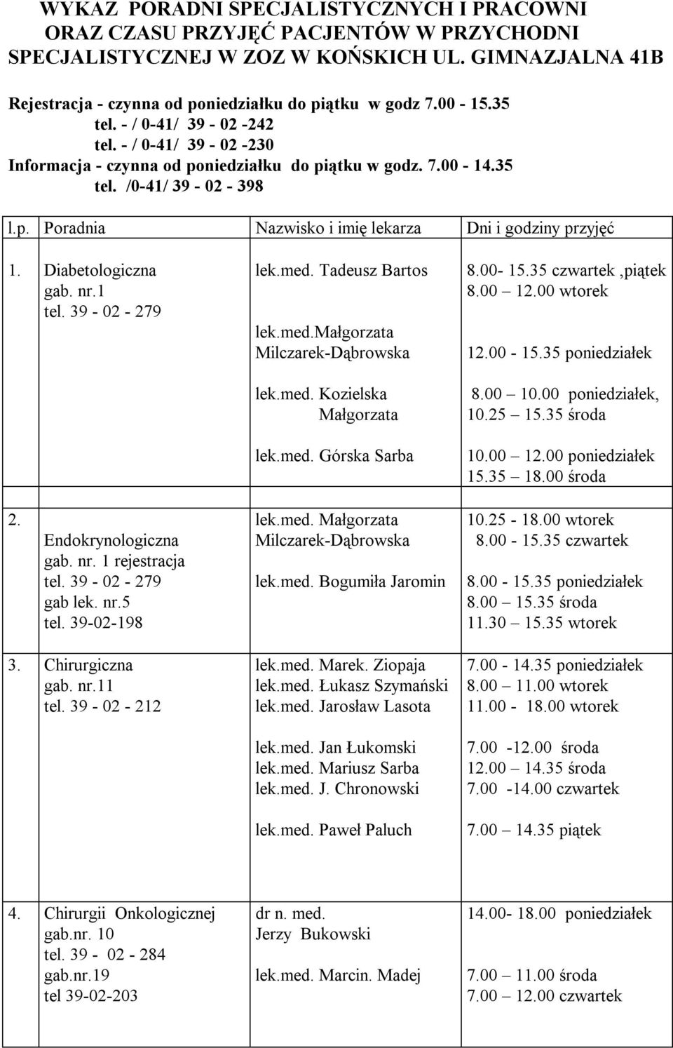 Diabetologiczna gab. nr.1 tel. 39-02 - 279 lek.med. Tadeusz Bartos lek.med.małgorzata Milczarek-Dąbrowska lek.med. Kozielska Małgorzata lek.med. Górska Sarba 8.00-15.35 czwartek,piątek 8.00 12.