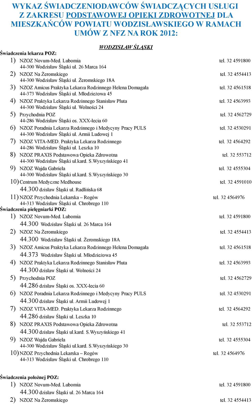 Żeromskiego 18A 3) NZOZ Amicus Praktyka Lekarza Rodzinnego Helena Domagała tel. 32 4561518 44-373 Wodzisław Śląski ul. Młodzieżowa 45 4) NZOZ Praktyka Lekarza Rodzinnego Stanisław Pluta tel.