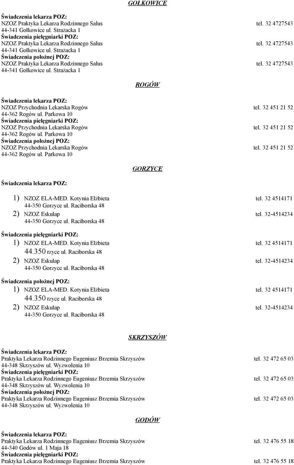 Kotynia Elżbieta tel. 32 4514171 2) NZOZ Eskulap tel. 32-4514234 1) NZOZ ELA-MED. Kotynia Elżbieta tel. 32 4514171 44.350 rzyce ul. Raciborska 48 2) NZOZ Eskulap tel.