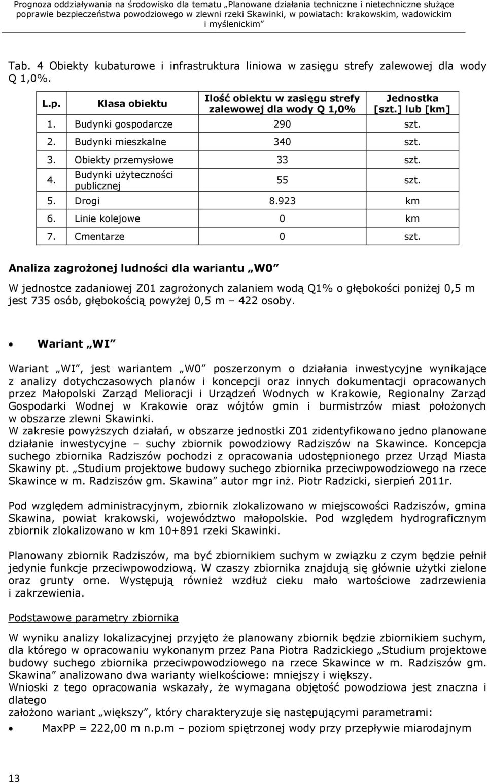 Analiza zagrożonej ludności dla wariantu W0 W jednostce zadaniowej Z01 zagrożonych zalaniem wodą Q1% o głębokości poniżej 0,5 m jest 735 osób, głębokością powyżej 0,5 m 422 osoby.