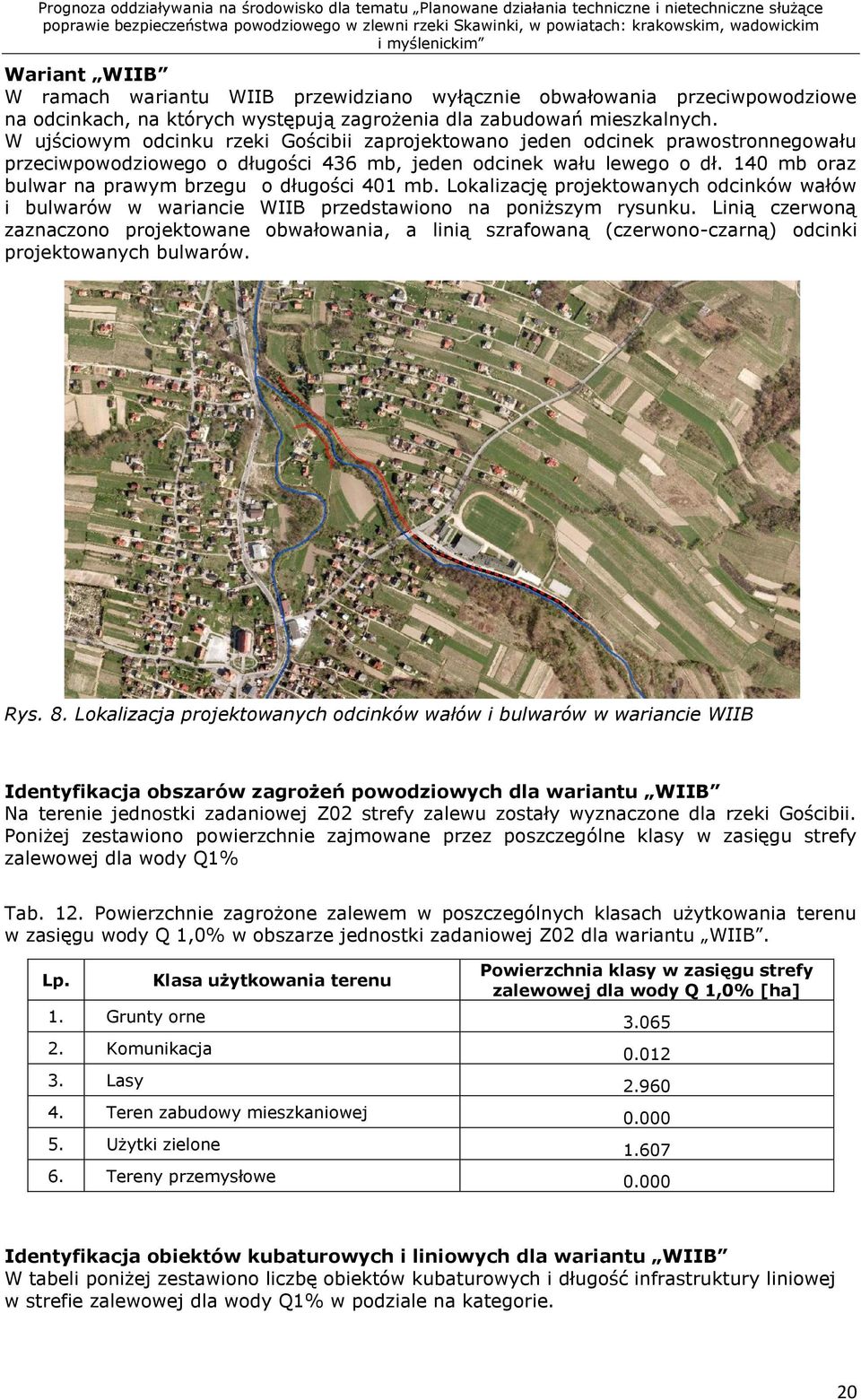 140 mb oraz bulwar na prawym brzegu o długości 401 mb. Lokalizację projektowanych odcinków wałów i bulwarów w wariancie WIIB przedstawiono na poniższym rysunku.