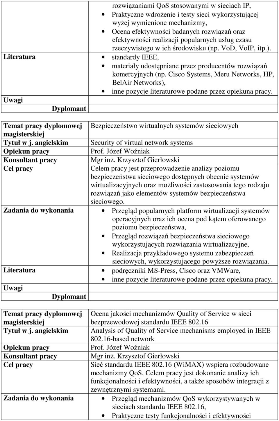 Cisco Systems, Meru Networks, HP, BelAir Networks), inne pozycje literaturowe podane przez opiekuna pracy. magisterskiej Tytuł w j. angielskim Literatura magisterskiej Tytuł w j.