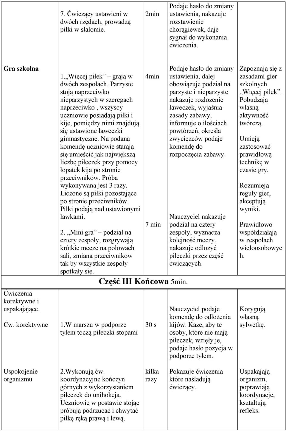 Parzyste stoją naprzeciwko nieparzystych w szeregach naprzeciwko, wszyscy uczniowie posiadają piłki i kije, pomiędzy nimi znajdują się ustawione ławeczki gimnastyczne.