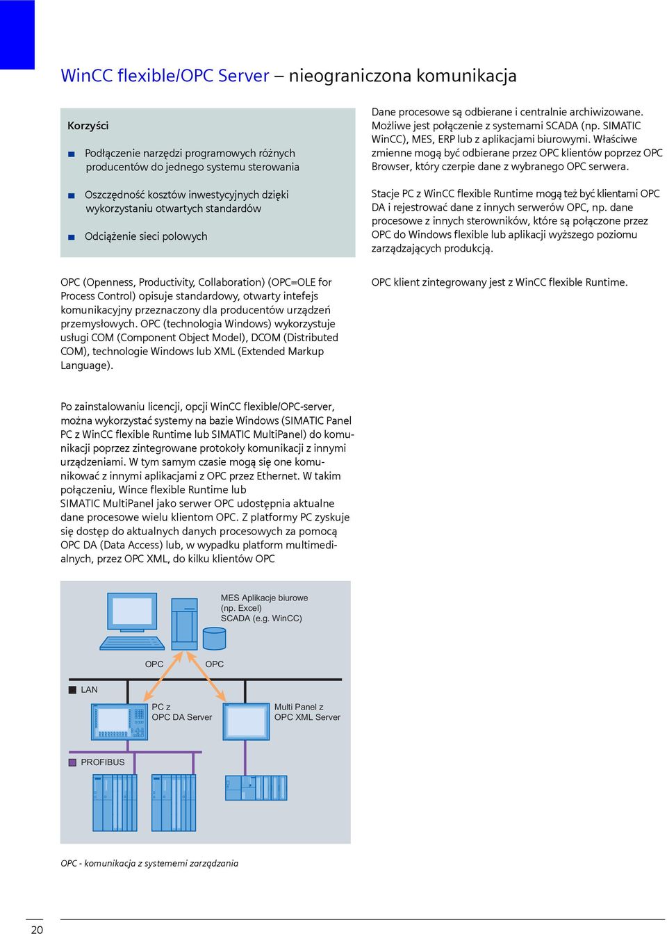 SIMATIC WinCC), MES, ERP lub z aplikacjami biurowymi. Właściwe zmienne mogą być odbierane przez OPC klientów poprzez OPC Browser, który czerpie dane z wybranego OPC serwera.