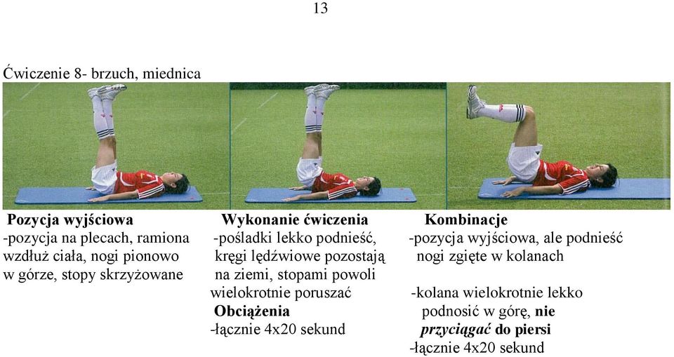 zgięte w kolanach w górze, stopy skrzyżowane na ziemi, stopami powoli wielokrotnie poruszać