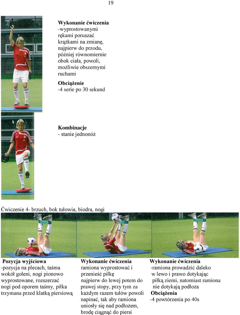 prowadzić daleko wokół goleni, nogi pionowo przenieść piłkę w lewo i prawo dotykając wyprostowane, rozszerzać najpierw do lewej potem do piłką ziemi, natomiast ramiona nogi pod oporem taśmy, piłka