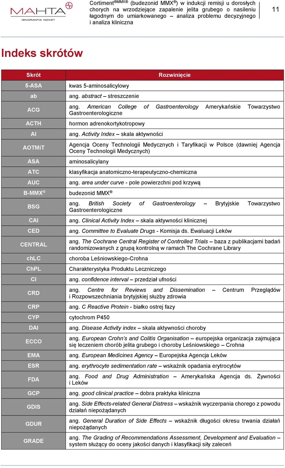 Activity Index skala aktywności Agencja Oceny Technologii Medycznych i Taryfikacji w Polsce (dawniej Agencja Oceny Technologii Medycznych) aminosalicylany B-MMX budezonid MMX BSG CAI CED CENTRAL chlc