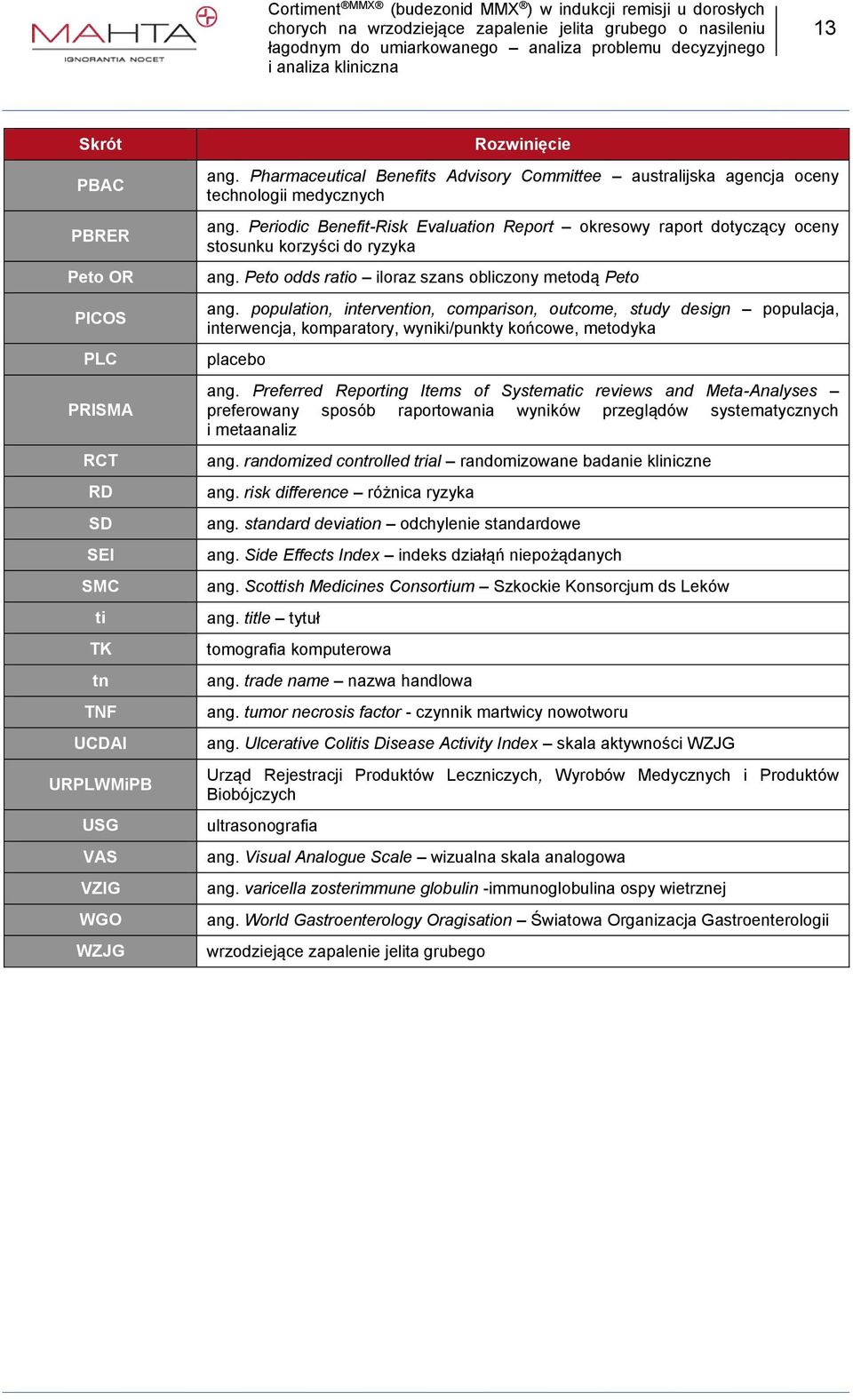 Periodic Benefit-Risk Evaluation Report okresowy raport dotyczący oceny stosunku korzyści do ryzyka ang. Peto odds ratio iloraz szans obliczony metodą Peto ang.