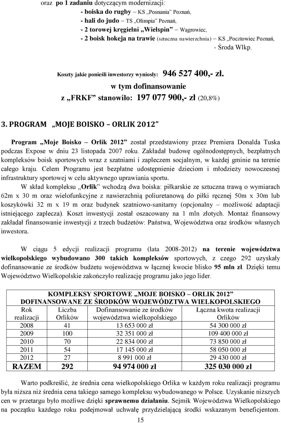 PROGRAM MOJE BOISKO ORLIK 2012 Program Moje Boisko Orlik 2012 został przedstawiony przez Premiera Donalda Tuska podczas Expose w dniu 23 listopada 2007 roku.