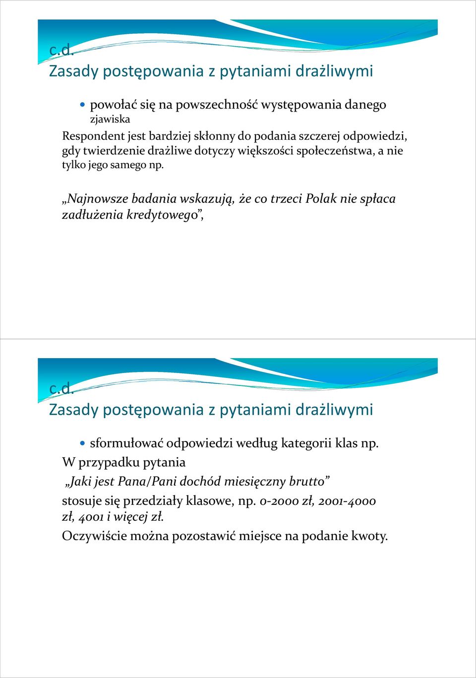 Najnowsze badania wskazują, że co trzeci Polak nie spłaca zadłużenia kredytowego, c.d. Zasady postępowania z pytaniami drażliwymi sformułować odpowiedzi według kategorii klas np.