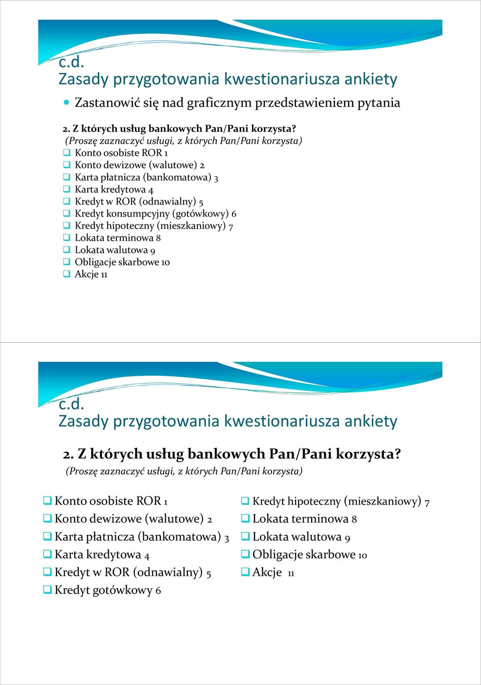 konsumpcyjny (gotówkowy) 6 Kredyt hipoteczny (mieszkaniowy) 7 Lokata terminowa 8 Lokata walutowa 9 Obligacje skarbowe 10 Akcje 11 c.d. 2. Z których usług bankowych Pan/Pani korzysta?