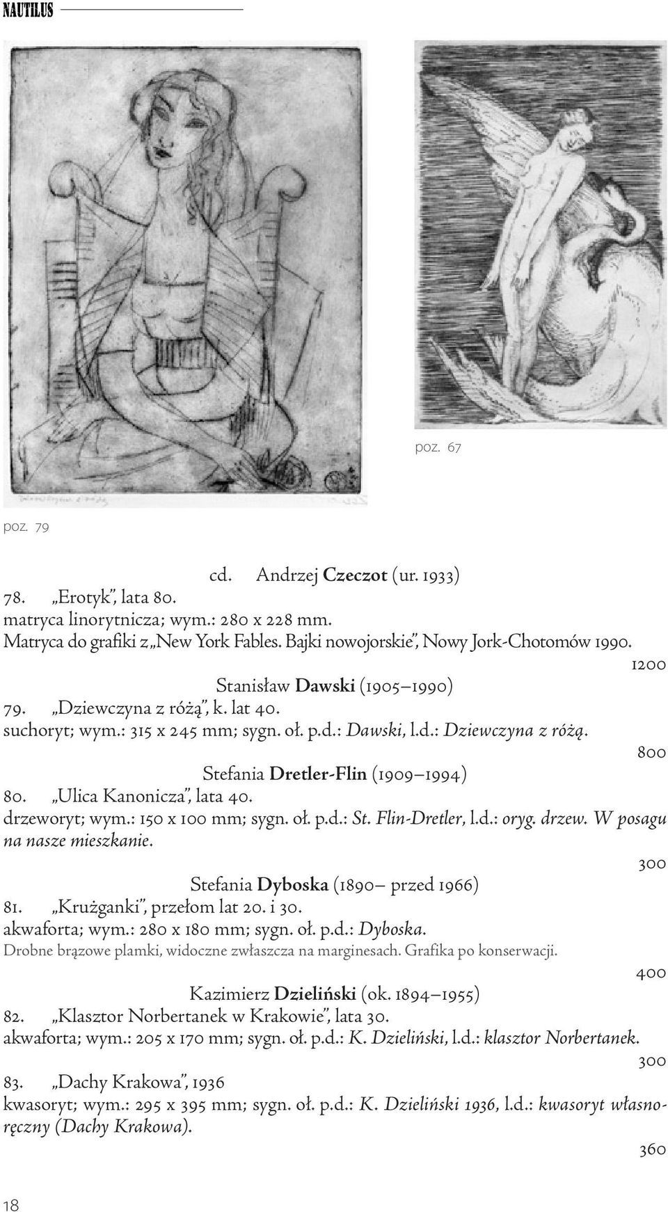 Ulica Kanonicza, lata 40. drzeworyt; wym.: 150 x 100 mm; sygn. oł. p.d.: St. Flin-Dretler, l.d.: oryg. drzew. W posagu na nasze mieszkanie. 300 Stefania Dyboska (1890 przed 1966) 81.