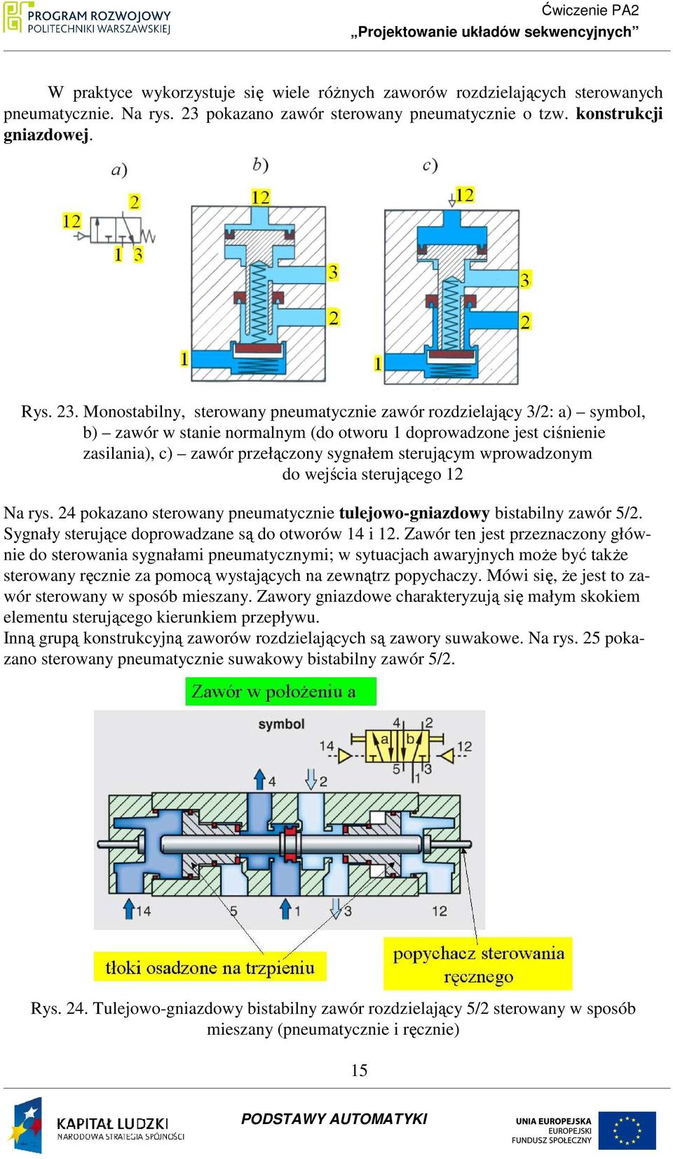 Monostabilny, sterowany pneumatycznie zawór rozdzielający 3/2: a) symbol, b) zawór w stanie normalnym (do otworu 1 doprowadzone jest ciśnienie zasilania), c) zawór przełączony sygnałem sterującym