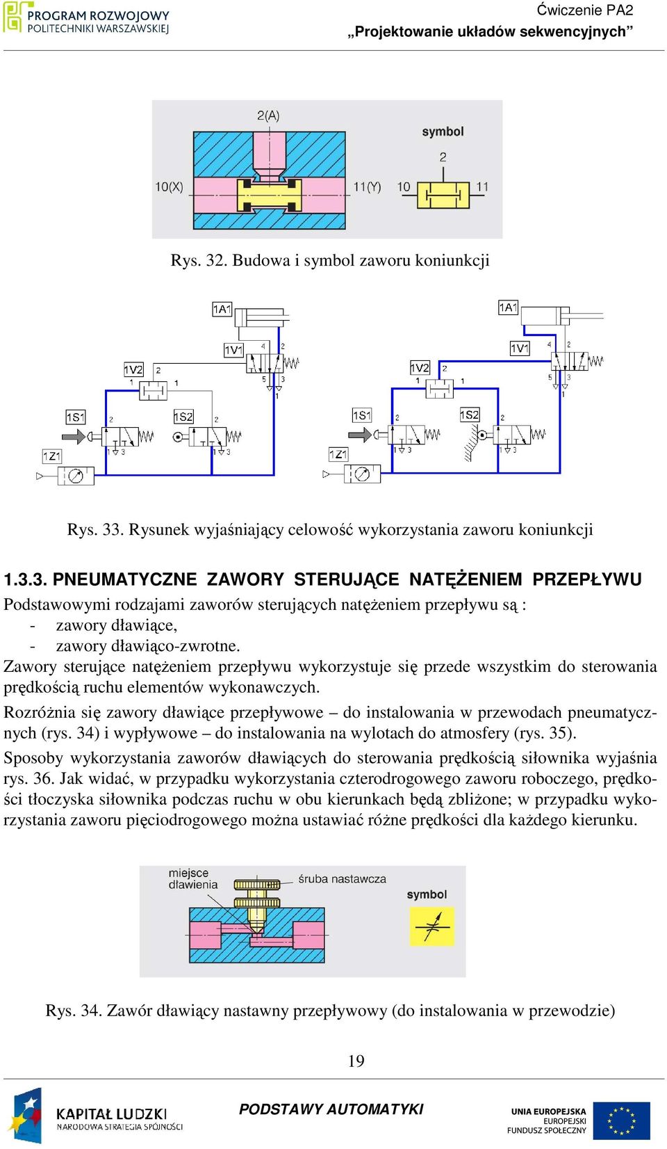 RozróŜnia się zawory dławiące przepływowe do instalowania w przewodach pneumatycznych (rys. 34) i wypływowe do instalowania na wylotach do atmosfery (rys. 35).