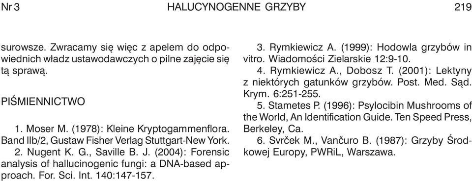 For. Sci. Int. 140:147-157. 3. Rymkiewicz A. (1999): Hodowla grzybów in vitro. Wiadomości Zielarskie 12:9-10. 4. Rymkiewicz A., Dobosz T. (2001): Lektyny z niektórych gatunków grzybów. Post.