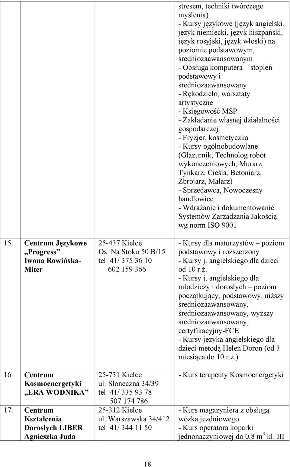 41/ 344 11 50 stresem, techniki twórczego myślenia) - Kursy językowe (język angielski, język niemiecki, język hiszpański, język rosyjski, język włoski) na poziomie podstawowym, średniozaawansowanym -