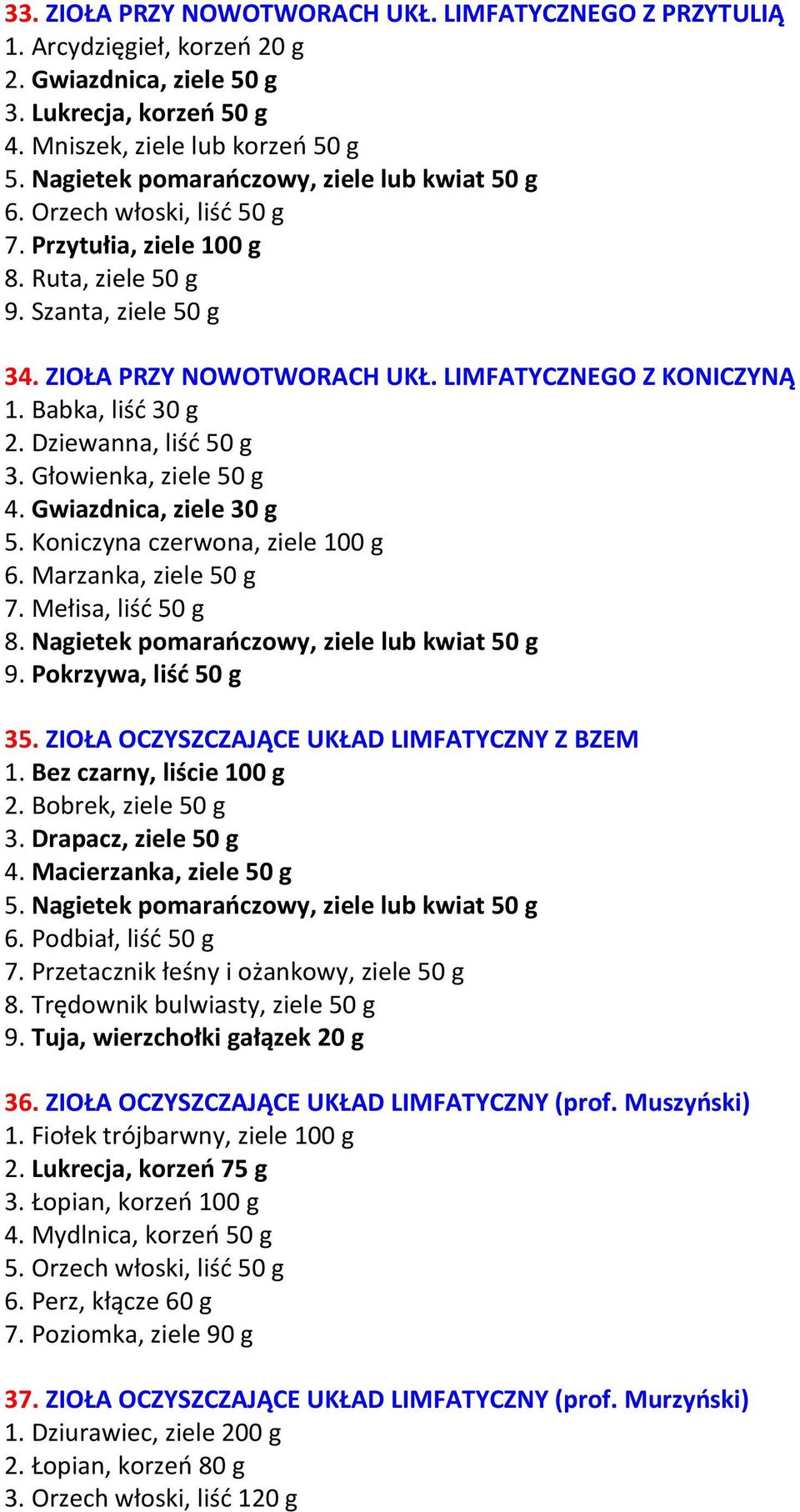 Babka, liść 30 g 2. Dziewanna, liść 50 g 3. Głowienka, ziele 50 g 4. Gwiazdnica, ziele 30 g 5. Koniczyna czerwona, ziele 100 g 6. Marzanka, ziele 50 g 7. Mełisa, liść 50 g 8.