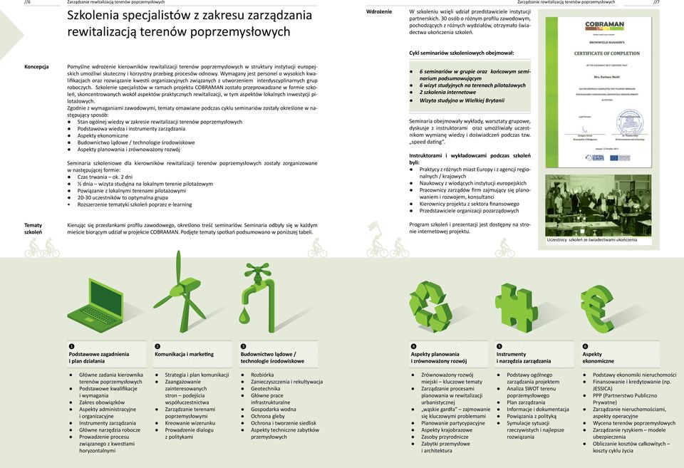 Cykl seminariów szkoleniowych obejmował: Koncepcja Pomyślne wdrożenie kierowników rewitalizacji terenów w struktury instytucji europejskich umożliwi skuteczny i korzystny przebieg procesów odnowy.