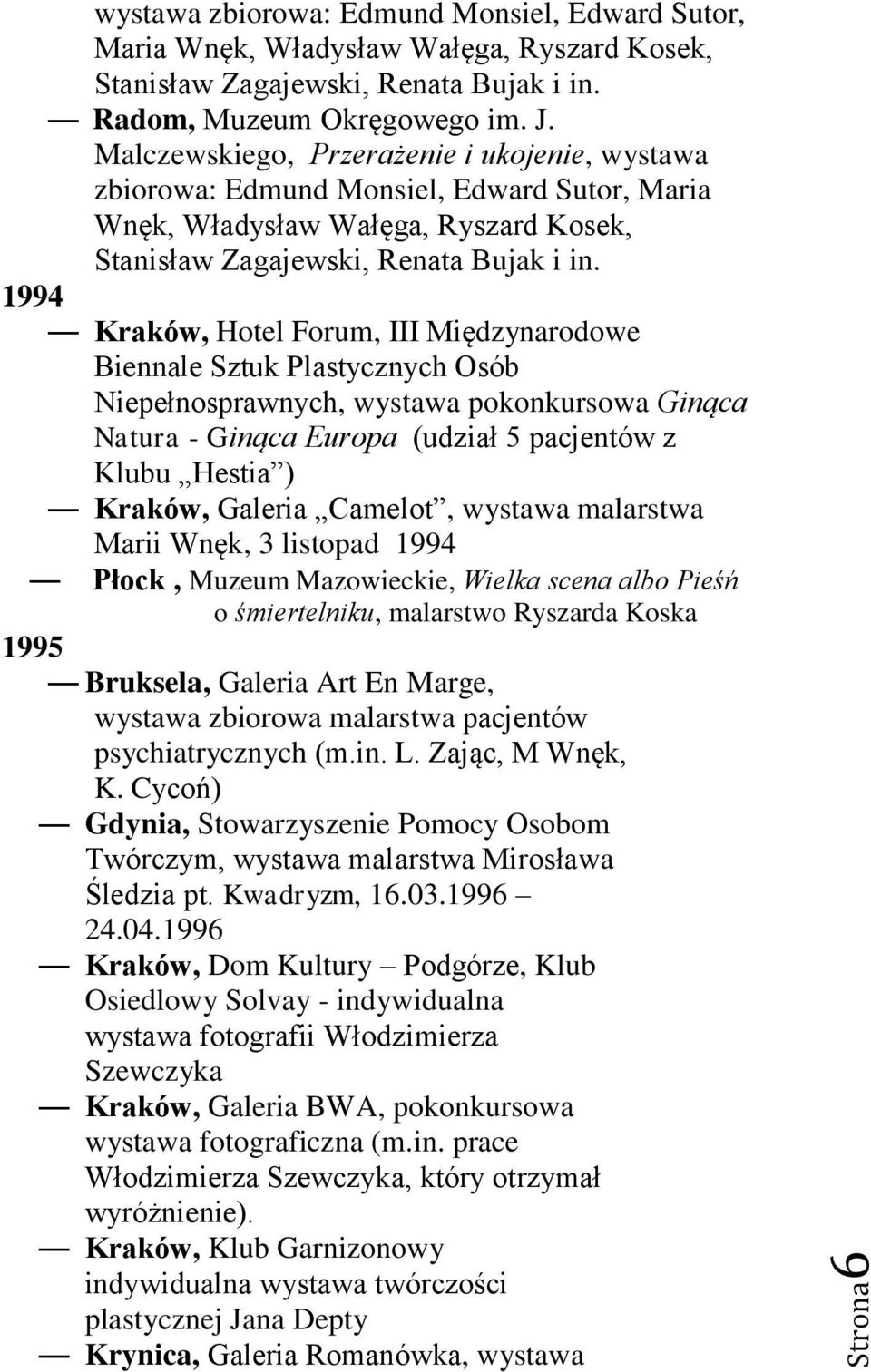 1994 Kraków, Hotel Forum, III Międzynarodowe Biennale Sztuk Plastycznych Osób Niepełnosprawnych, wystawa pokonkursowa Ginąca Natura - Ginąca Europa (udział 5 pacjentów z Klubu Hestia ) Kraków,