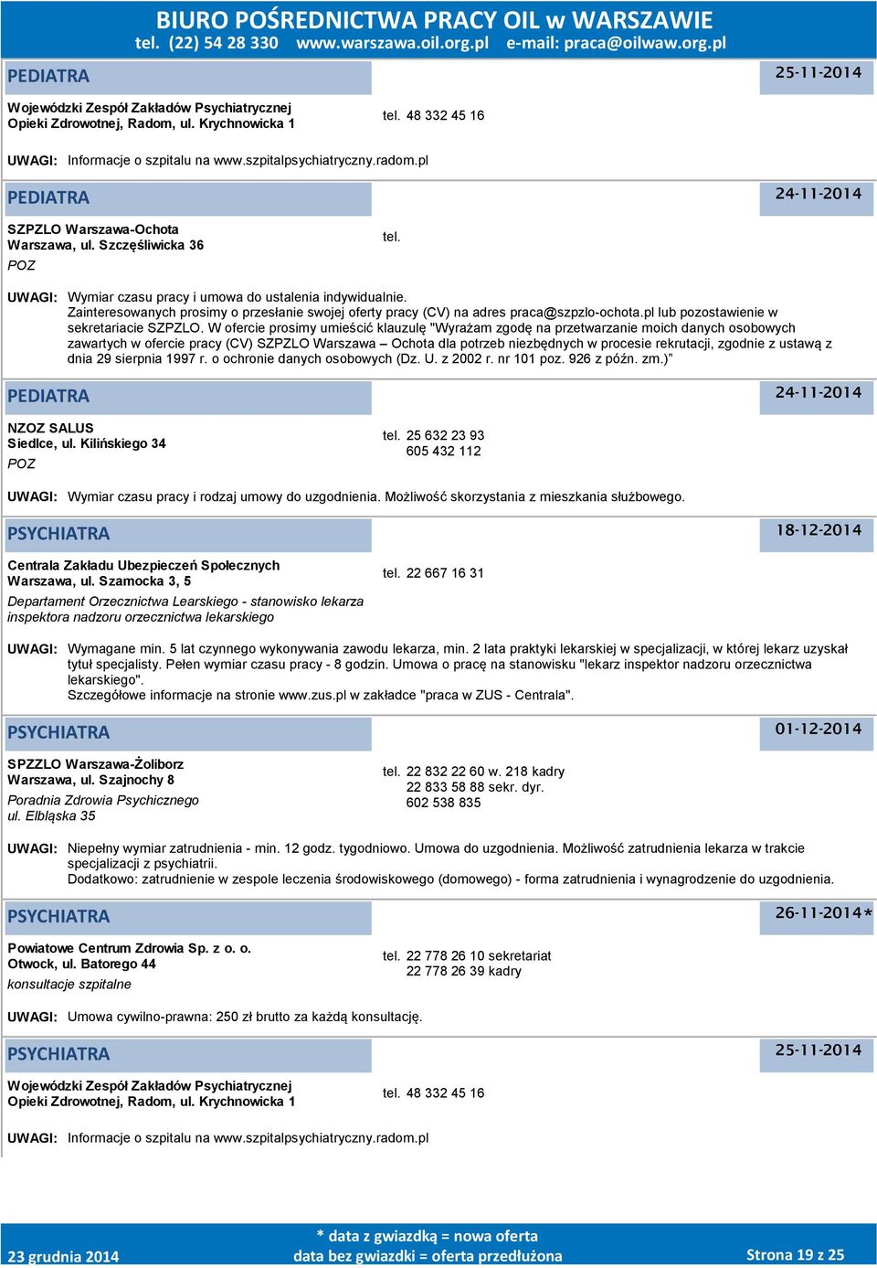 Zainteresowanych prosimy o przesłanie swojej oferty pracy (CV) na adres praca@szpzlo-ochota.pl lub pozostawienie w sekretariacie SZPZLO.