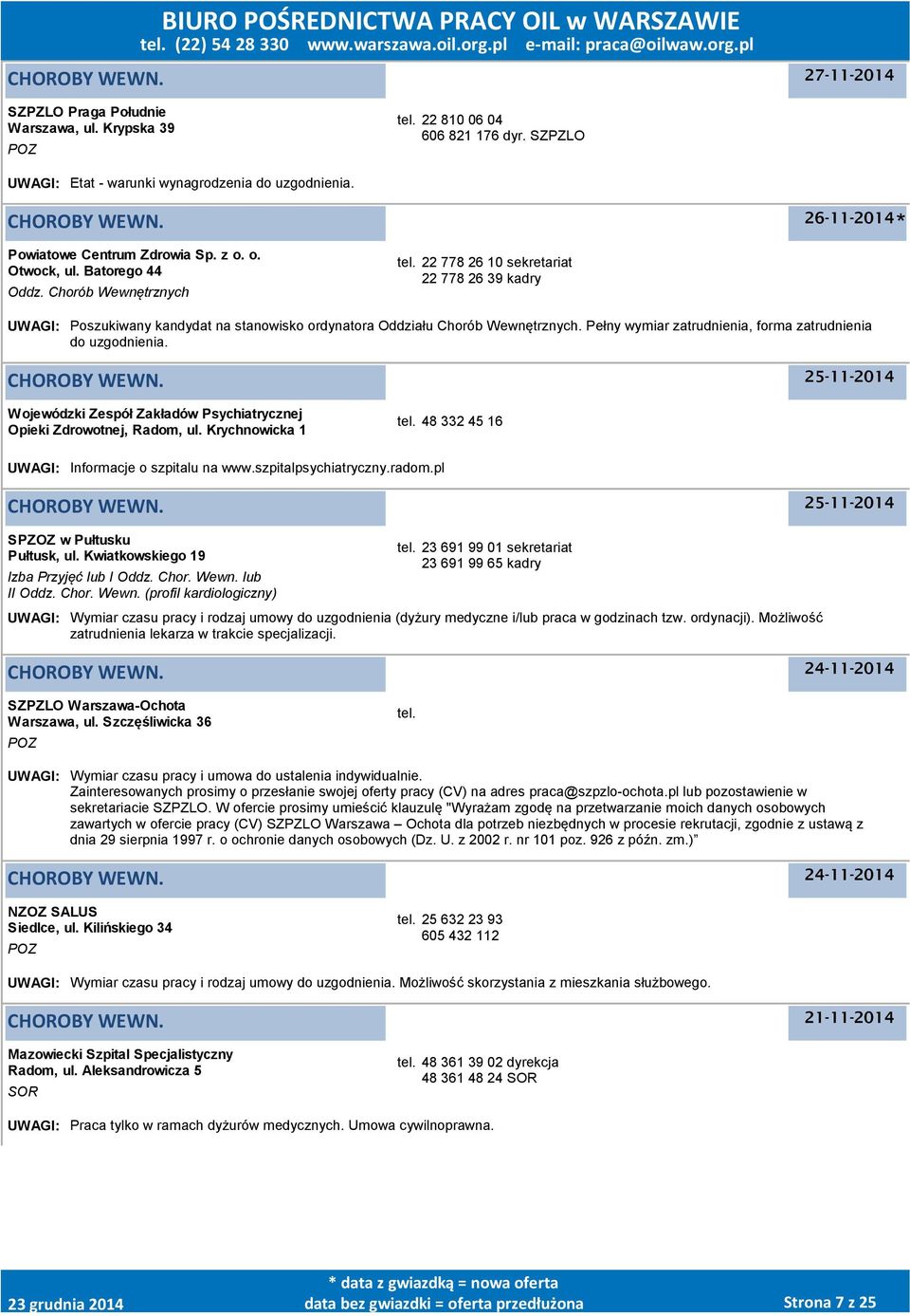 Pełny wymiar zatrudnienia, forma zatrudnienia do uzgodnienia. Wojewódzki Zespół Zakładów Psychiatrycznej Opieki Zdrowotnej, Radom, ul. Krychnowicka 1 tel.