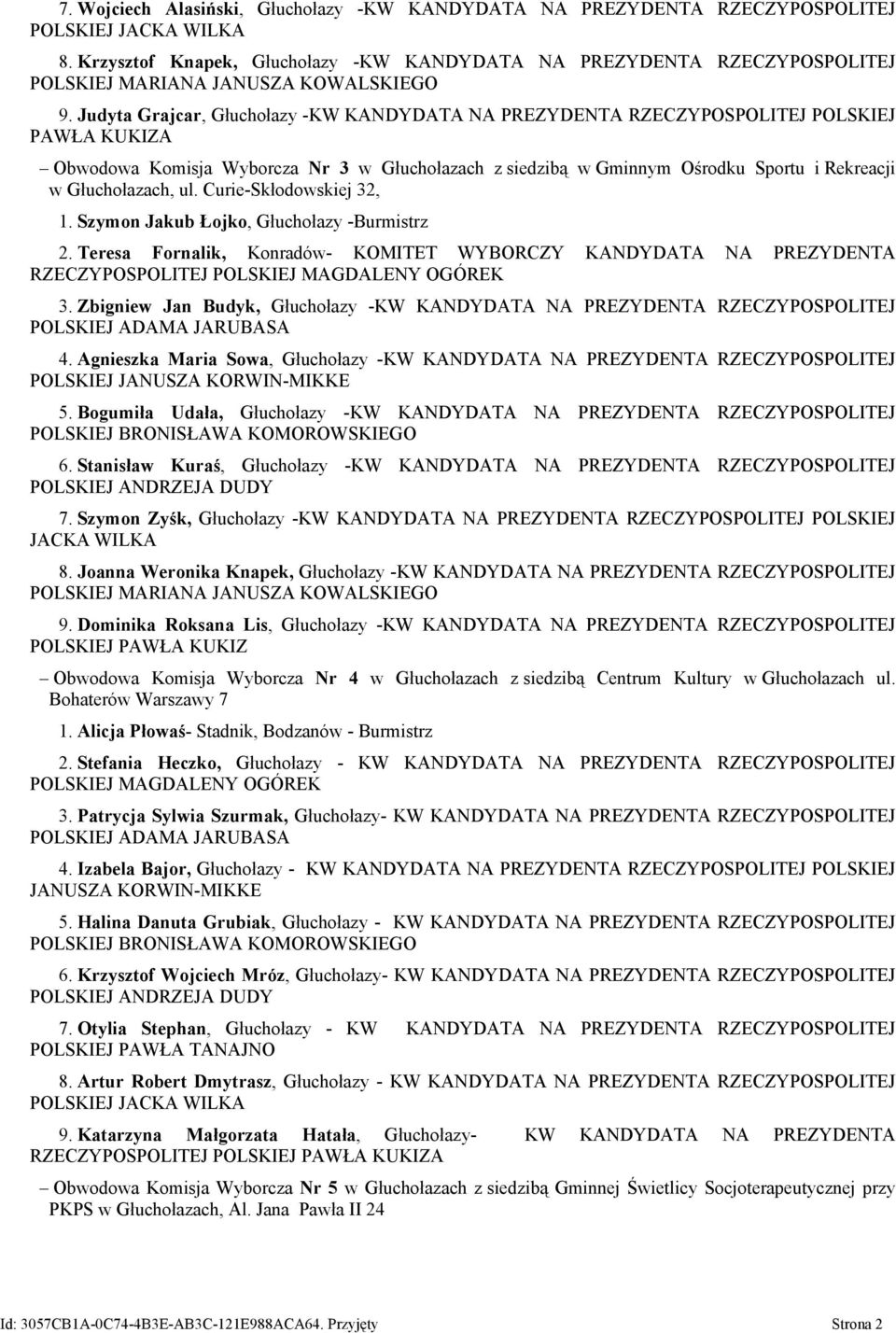 Głuchołazach, ul. Curie-Skłodowskiej 32, 1. Szymon Jakub Łojko, Głuchołazy -Burmistrz 2. Teresa Fornalik, Konradów- KOMITET WYBORCZY KANDYDATA NA PREZYDENTA RZECZYPOSPOLITEJ 3.