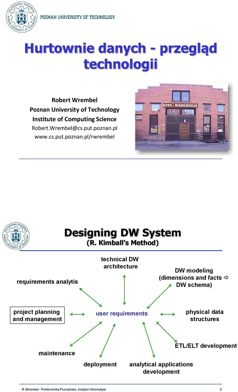 Kimball's Method) requirements analytis technical DW architecture DW modeling (dimensions and facts DW schema)