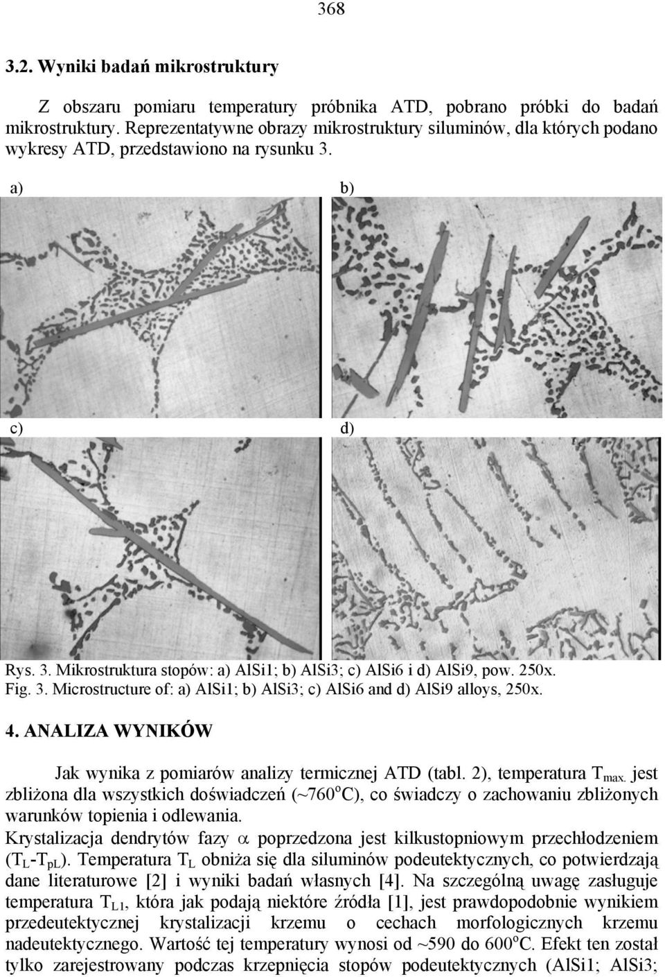 250x. Fig. 3. Microstructure of: a) AlSi1; b) AlSi3; c) AlSi6 and d) AlSi9 alloys, 250x. 4. ANALIZA WYNIKÓW Jak wynika z pomiarów analizy termicznej ATD (tabl. 2), temperatura T max.